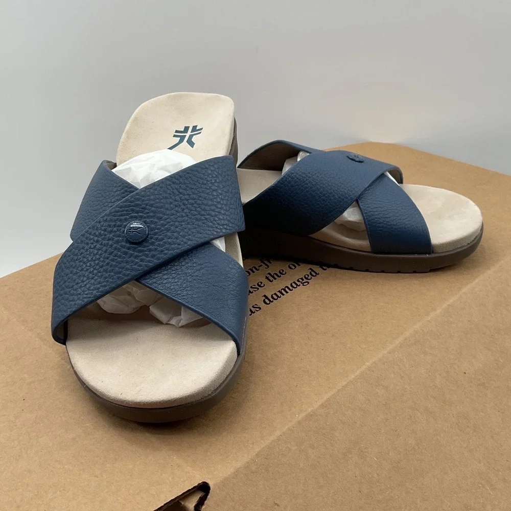 Kuru Footwear Blue Leather Criss Cross Slide Sandals Comfort Arch Support 9M